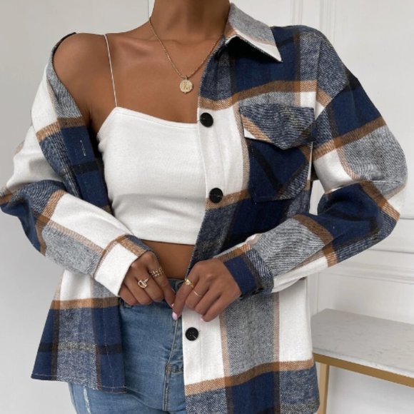 Plaid Flap Pocket boyfriend shacket trucker jacket blue tan white - Picture 14 of 15